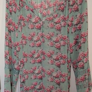 LC Lauren Conrad Mint Floral Button-Front Blouse with Pink Flowers